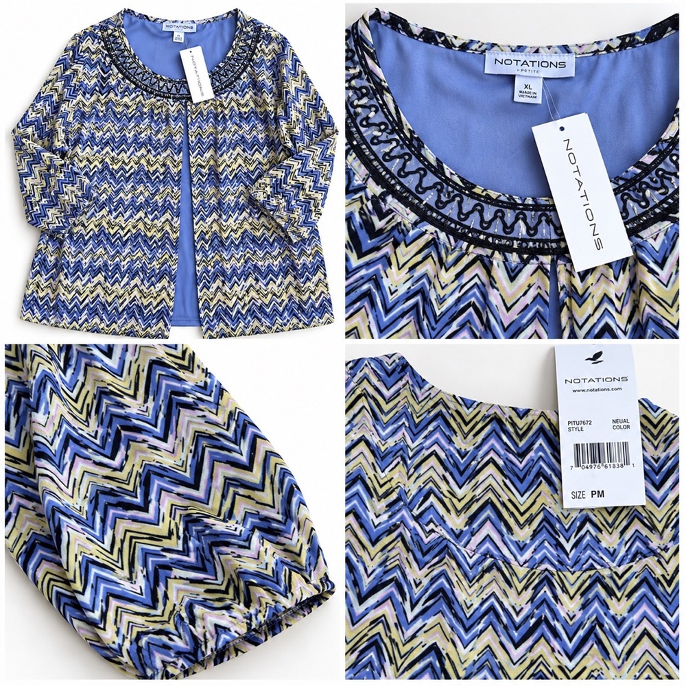 Notations Chevron Print Open-Front Jacket in Blue, Yellow and White XL